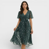 Vestido Midi Manga Corta Escote Pico