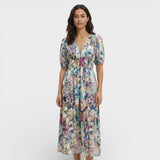 Vestido Midi Floral Mangas Abullonadas