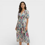 Vestido Midi Floral Mangas Abullonadas